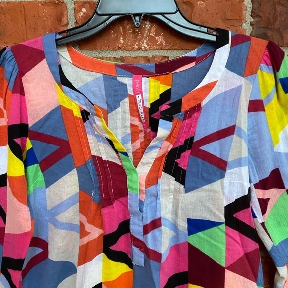 Plenty By Tracy Reese Womens XS Multicolor Geometric Pullover Pintuck Top - Picture 2 of 10